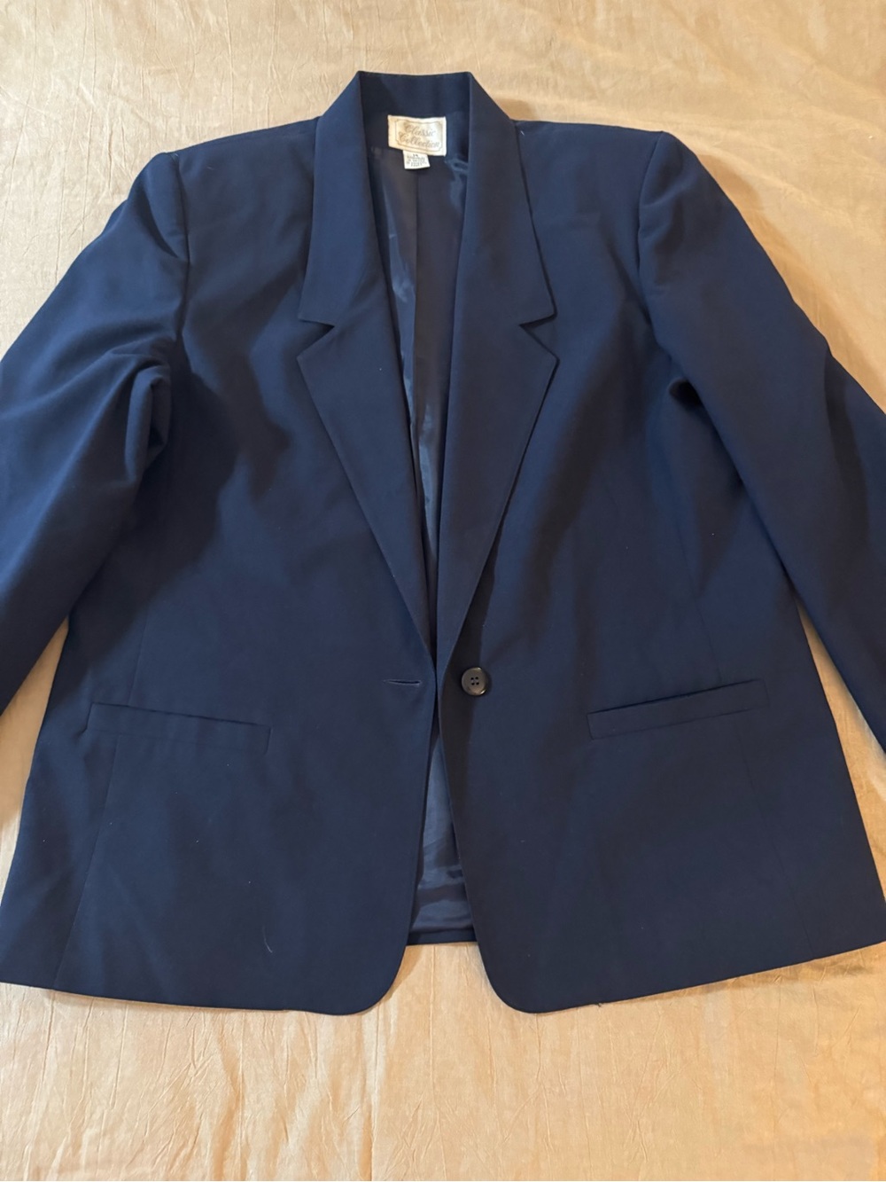 Vintage Classic Navy Single-Button Blazer with Shoulder Pads Size 14 Washable